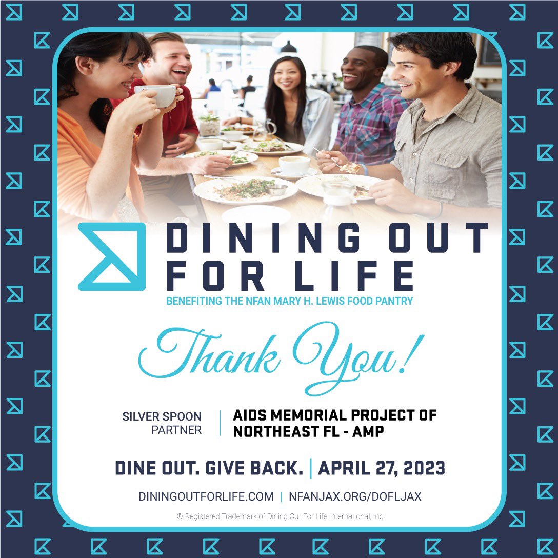 DOFLJax's tweet photo. THANK YOU!! Dining Out For Life® Jax/ NFAN is excited to have the AIDS Memorial Project of Northeast Florida as our Silver Spoon Partner for this year's Dining Out For Life® Event on Thurs, Apr 27. https://t.co/n9l4kbNZah #DiningOutForLife #DineOutGiveBack #nfan_jax #DOFLJax https://t.co/ORuez2LMUy