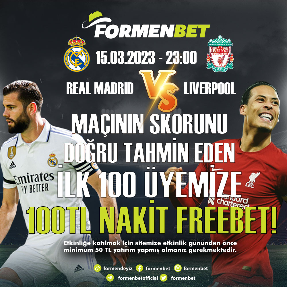 FormenBet's tweet image. ⚽️ REAL MADRID - LIVERPOOL Karşılaşmasında Doğru Skoru Tahmin eden ilk 100 üyemize TAM 100 FREEBET! 
 
•Formenbet kullanıcı adın ile skoru yoruma yaz! 
•Tweeti RT yap! 
•3 Arkadaşını Etiketle! 
•"formenbet" hashtag yap!
#RealMadrid #LiverpoolFC #LiverpoolRealMadrid #RMALIV