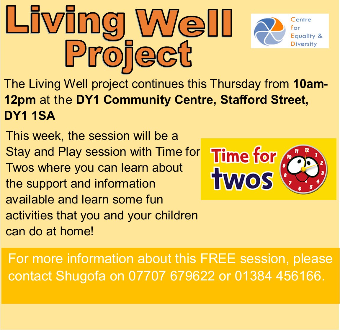CfEDDudley's tweet photo. The #LivingWell project will continue this week with a Stay and Play session from Time for Twos! 

Join us at the DY1 Centre this Thursday to learn more about the scheme and find some fun activities to do with your children at home! 👇 https://t.co/5hynlMBk8u