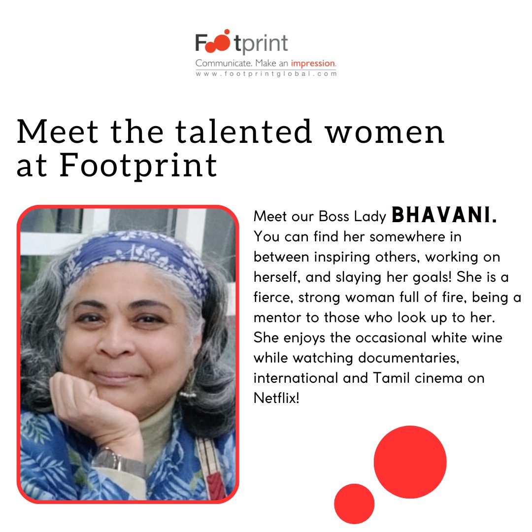 Ending the #InternationalWomensDay series featuring #WomenAtFootprint is our Boss Lady, BHAVANI. She is an inspiration and a mentor to many and she has her eyes set on her goals.

#womensday #talentedwomen #Footprintwomen #womenempowerment #iwd2023