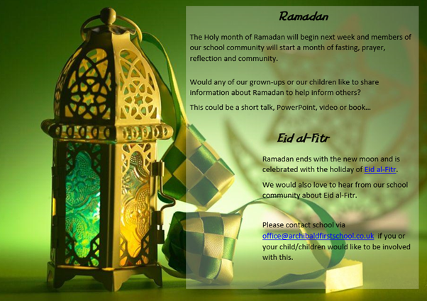 ArchibaldFirst's tweet photo. The Holy month of Ramadan will begin next week. We would love our school community to help inform others about Ramadan and Eid al-Fitr. #AFSRE #AFSPHSE #AFSCurious https://t.co/ajRg1uehpq