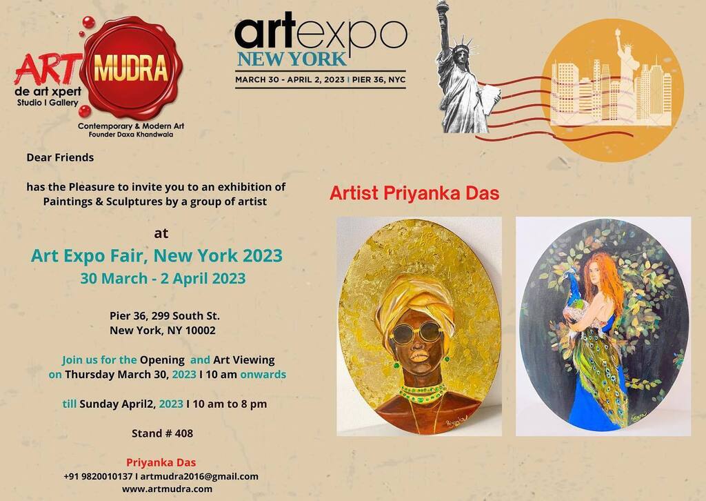 Dear friends,

Watch out for this space! Save the Date..

Tick Tock …Countdown Begins Starts..
Gear up..Ready Steady &amp; Go..

I Priyanka Das, am very excited to be a part of the #Art Expo Fair, New York's #30 March -2 April 2023 edition, under the panel of #Artmudra - de art …