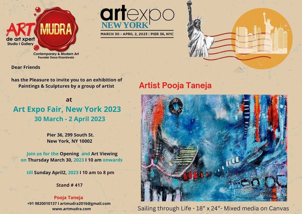 Dear friends,

Watch out for this space! Save the Date..

Tick Tock …Countdown Begins Starts..
Gear up..Ready Steady &amp; Go..

I Pooja Taneja, am very excited to be a part of the #Art Expo Fair, New York's #30 March -2 April 2023 edition, under the panel of #Artmudra - de art …