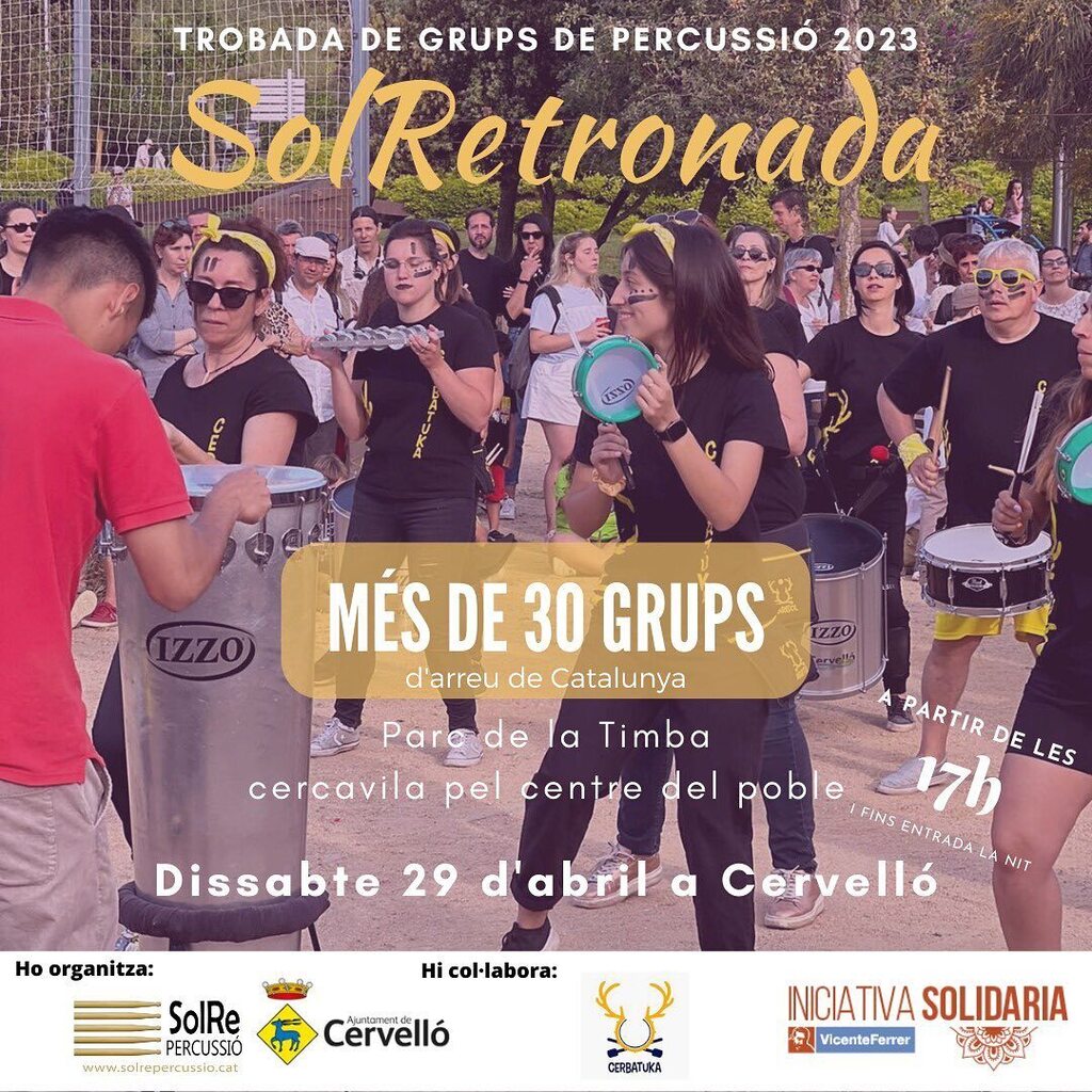 SolRePercussio's tweet photo. Anoteu a l’agenda, que arriba la #SolRetronada 2023!!! Enguany serà el dissabte 29 d’abril a Cervelló.
.
Un any més, una festa solidària amb la @fvicenteferrer!
.
Us hi esperem!! 😀🥳
.
.
.
.
#SolRe #percussió #SolRetronada23 #festa #batucada #trobada… https://t.co/SJAdgStD2U https://t.co/btcMgarJXX