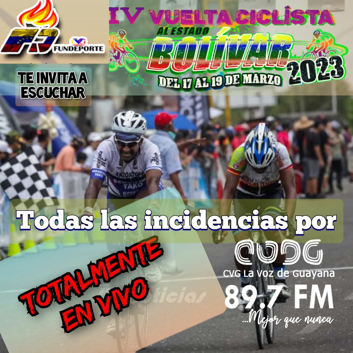 Sigue las incidencias de la IV Vuelta Ciclista al #EstadoBolivar por #Lavozdeguayana897fm o vía #streaming lavozdeguayana.com 

Viernes 17 #MunicipioPiar
Sábado 18 y #MunicipiosAngosturaDelOrinoco
Domingo 19 #MunicipioCaroni
#MejorQueNunca 
#ChávezDelMundo