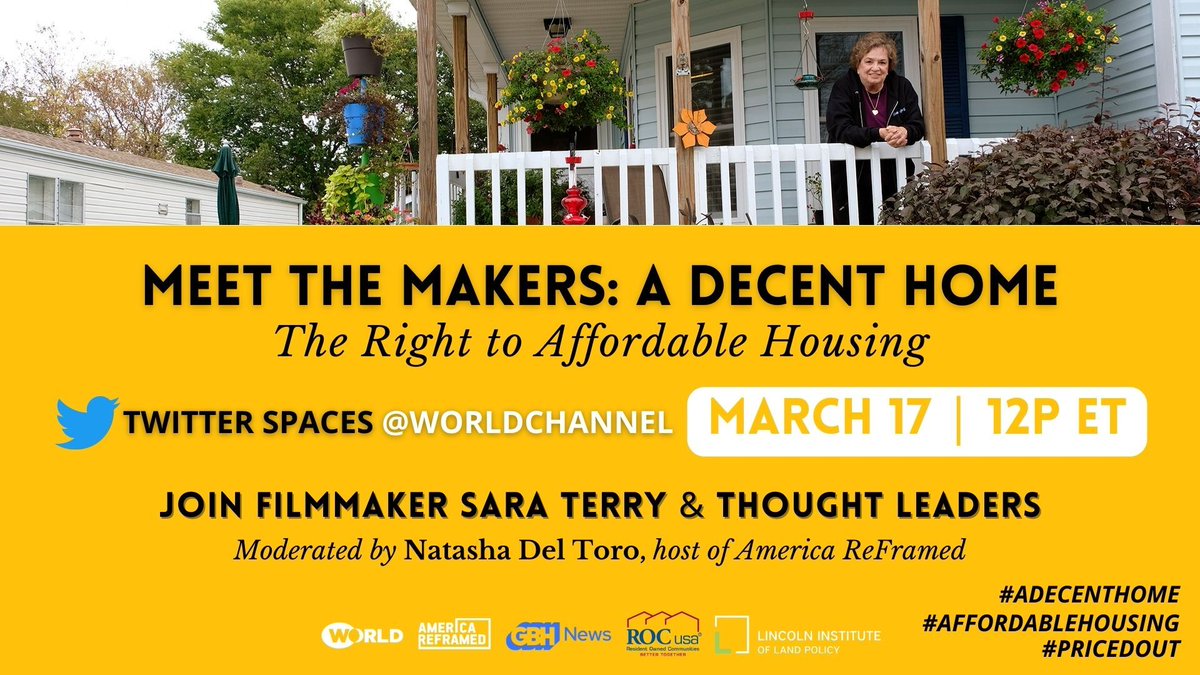 THIS WEEK: Following the premiere of #ADecentHome, <a href="/GBH/">GBH</a>'s <a href="/worldchannel/">WORLD</a> will host a @TwitterSpaces conversation exploring the right to affordable housing. <a href="/ndeltoro/">Natasha Del Toro</a> moderates! 

Set a reminder for Friday at 12pm ET right here → bit.ly/3JDlEad