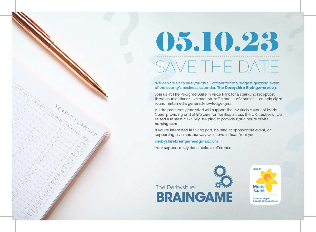 Tables are now on sale for #DBG2023! All proceeds support <a href="/MarieCurieEMids/">Marie Curie East Midlands</a> in their invaluable work providing end of life care for families across Derbyshire.

Please drop us a message if you would like any further information or would like to book a table.