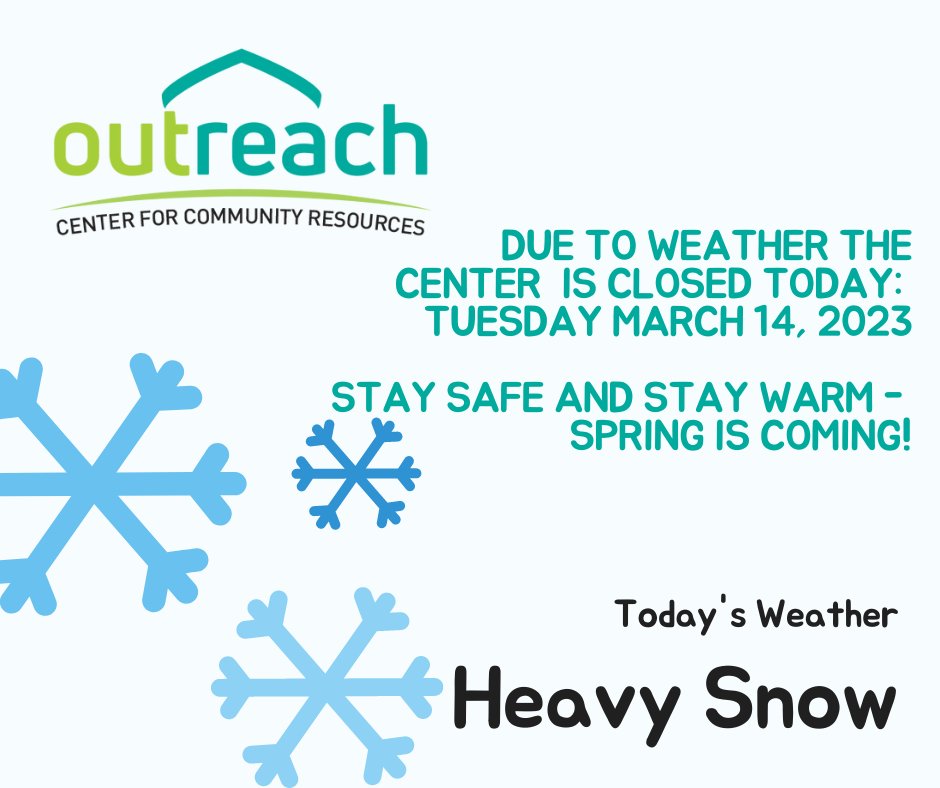 Outreach is closed today due to the snowstorm. Please stay safe and be careful out there. 

#snow #marchsnow