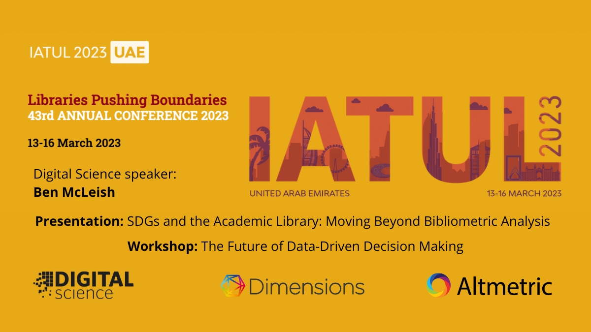 Here's <a href="/BenMcLeish/">.</a> &amp; <a href="/Zovko_M/">Marko Zovko</a> representing Digital Science in Dubai at #IATUL2023! 😃

<a href="/IATUL2023/">IATUL Conference 2023</a> is the 43rd International Association of University Libraries (<a href="/IATULorg/">IATUL</a>) Annual Conference.

On Thursday, Ben will speak about #SDGs &amp; the Academic Library: ow.ly/sMeQ50NegCo