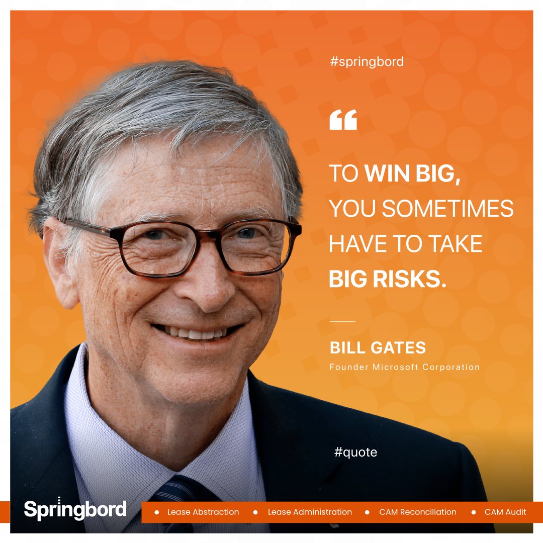 RE_DataProvider's tweet image. #quotefortheday #BillGates
.
.
.
“To win big, you sometimes have to take big risks.”
- Bill Gates
.
.
.
#Springbord #CommercialRealEstate #FASB #IASB #Lease #Abstraction #Administration #Management #CAM #Reconciliation #Audit #Property #Accounting #Services #Outsourcing