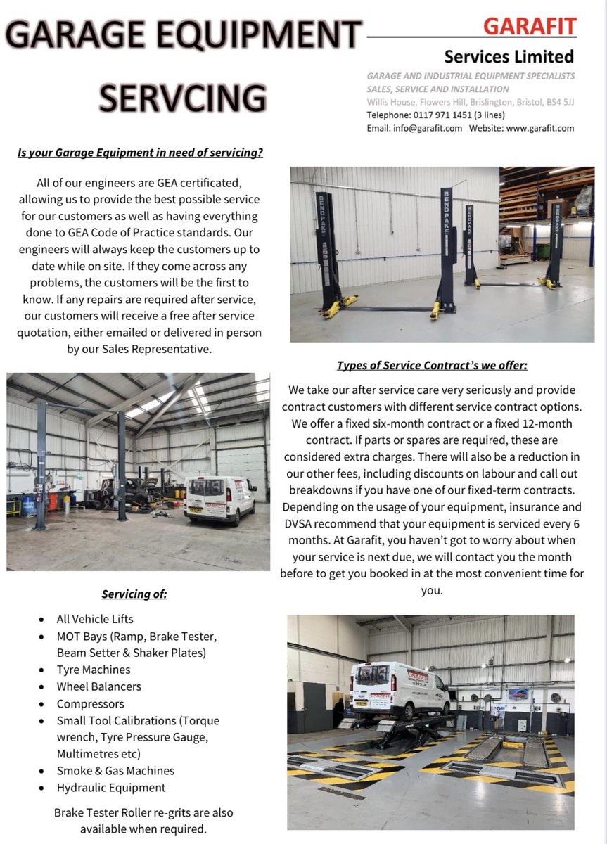Garafitservices's tweet photo. Do you need your Garage Equipment serviced? 
At Garafit, we offer servicing for all different types of Garage Equipment. 
Contact us today for a free quotation! 
0117 971 1451 - info@garafit.com
#engineers #servicing #ramps #compressors #smokeandgas #motbays #vehiclelifts https://t.co/3wFSM4PccG