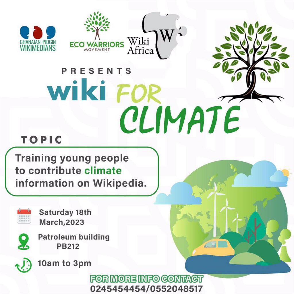 YouthNREGGh's tweet photo. Are you a climate enthusiast based in Kumasi &amp; ready to contribute to telling the climate story of Ghana &amp; Africa on Wikipedia - the largely used online encyclopedia? 
Join the @MovementEco &amp; @KWikihub as young people are trained to contribute to climate info on Wikimedia project https://t.co/rSMqD6oRqk