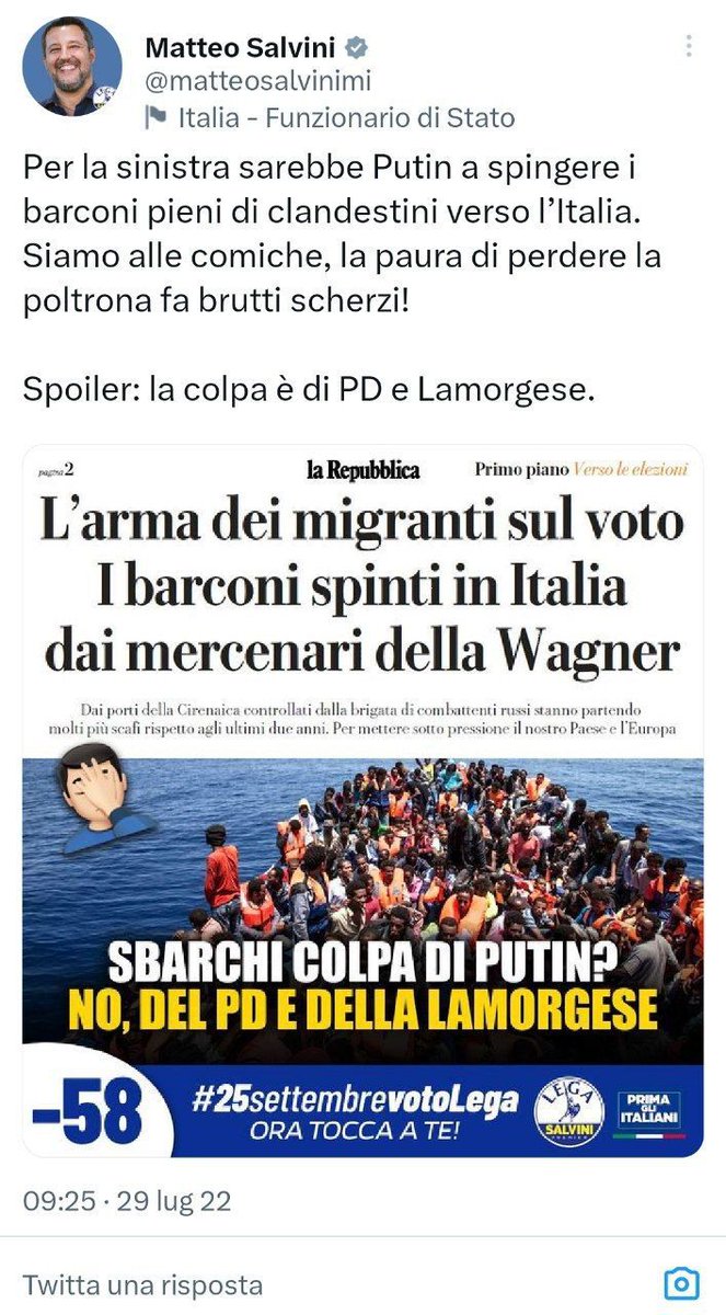 ultimora_pol's tweet image. Spunta un vecchio tweet della campagna elettorale di #Salvini: "Migranti spinti in Italia dalla Wagner? Siamo alle comiche, colpa di Lamorgese."

@ultimora_pol