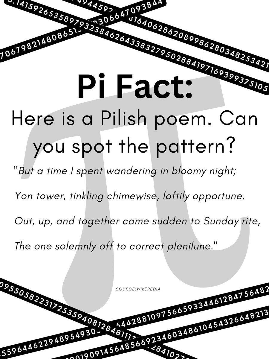 SkyeReinacher's tweet photo. Happy Pi Day! To celebrate this year, the math club at my university is having s huge event and to prepare for this, I looked through a lot of pi facts. My personal favorite is that some people made a language based on pi! It is called pilish. Here is a pilish poem: https://t.co/YUVfSwqi6I