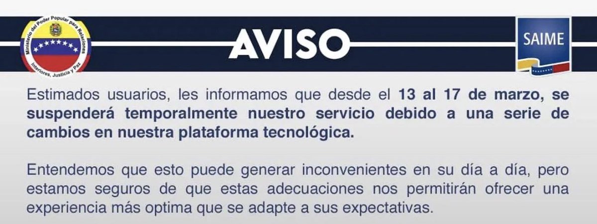 ¿QUÉ ESTÁ PASANDO CON EL SAIME? Hilo porque ando ladillado y estoy procrastinando.

1.- El SAIME informó que implementaría cambios en la plataforma desde el 13 al 17 de Marzo de 2023. Esto ya se venía cocinando de hace algún tiempo así que se supondría sería un gran cambio.