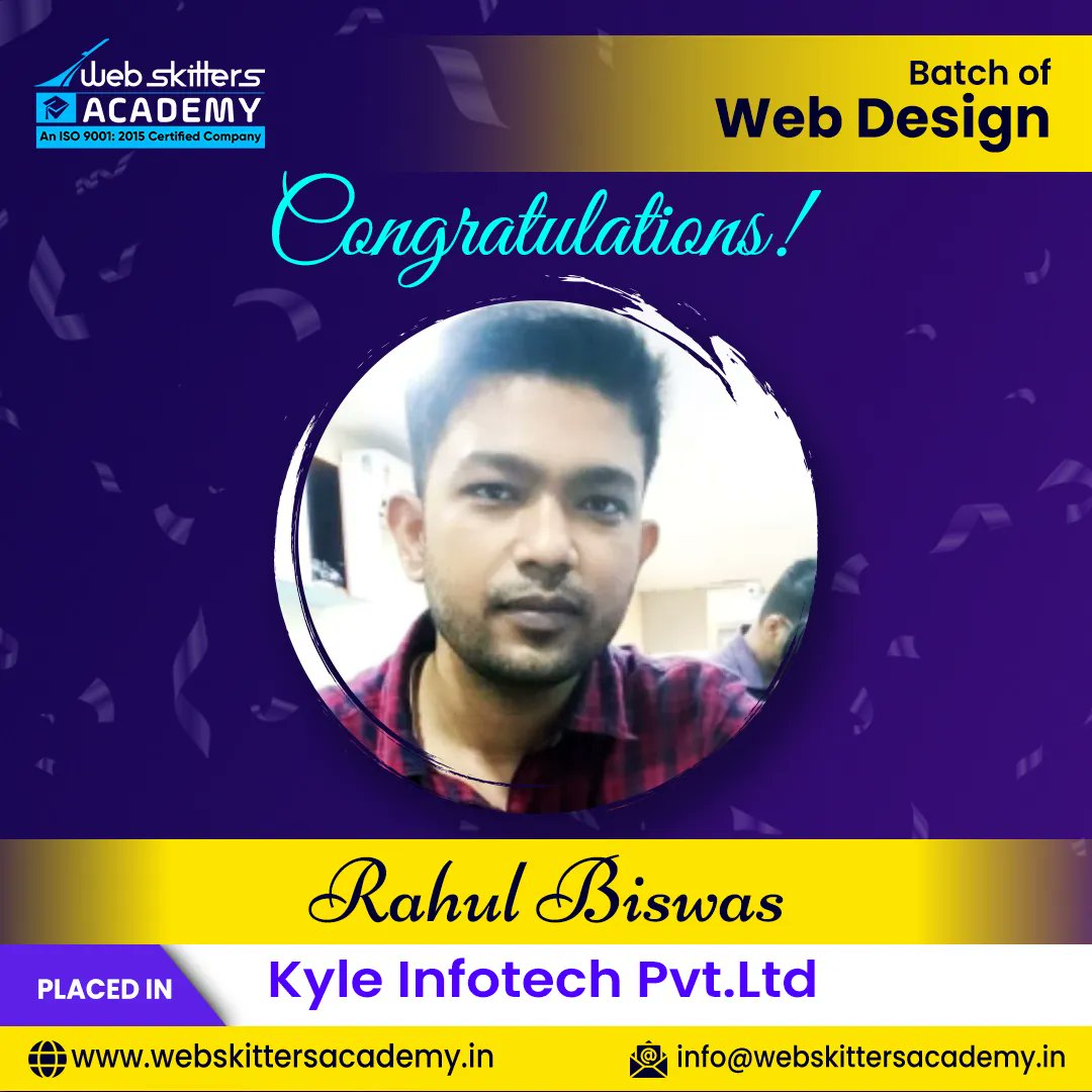 WebSkitters_Edu's tweet image. Congratulations Rahul Biswas!
Webskitters Academy is proud that you completed your Web Design Course with us & have ventured in the professional world through the help of our placement cell. All the best!
#WebskittersAcademy #WebDesign #WebDesignCourse #shapeyourcareer #success