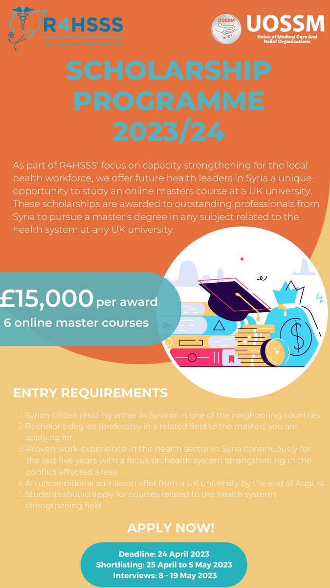 Applications for the <a href="/R4HSSS/">R4HSSS</a> scholarships are now open for those looking to pursue an online master's degree in a field related to health system. If you have ambition, leadership skills, and knowledge of the Syrian health sector, apply before 30 April! r4hsss.org/r4hsss-scholar…
