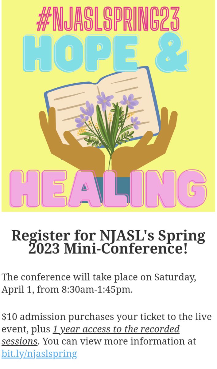 I'm signed up!! How about you?
Make sure to come and join us... It's going to be an awesome day of sharing and learning! ❤️📚❤️ 

njasl.org

#librarians #librarytwitter #libraries 
@NJASL @yalsa @ALALibrary @njla @njstatelibrary