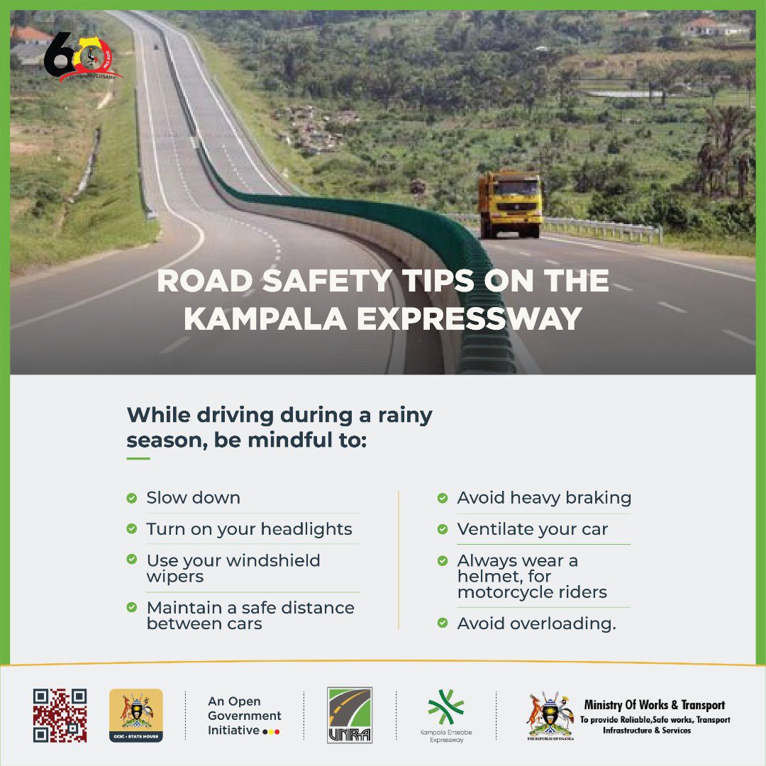 Here are some safety guidelines for driving during the rainy season.

#Travel #Safety | <a href="/UNRA_UG/">UNRA_UGANDA</a> <a href="/MoWT_Uganda/">Ministry of Works & Transport</a> <a href="/egis/">Egis</a>  <a href="/GCICUganda/">Government Citizen Interaction Centre</a> <a href="/Cool_inno/">Innocent Orikiiriza</a> <a href="/KaCyberApp/">KaCyber Technologies</a>