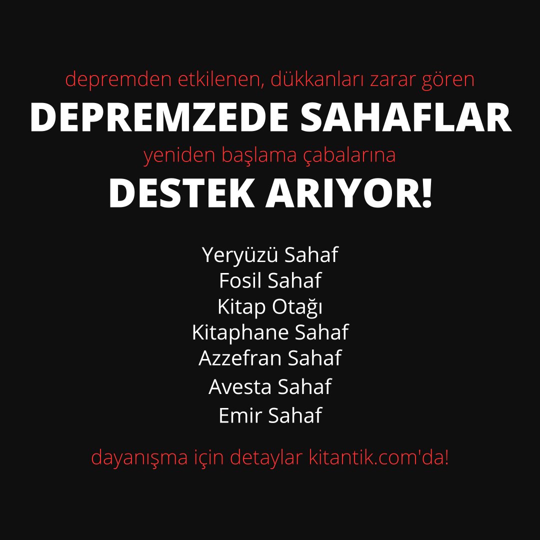 Depremzede Sahaflar Destek Arıyor!

ve bir ricamız var:

Önceki hafta başlayan destek çağrısının daha fazla kişiye ulaşması için sevdiğiniz birer yazarı, sahafı veya arkadaşınızı etiketleyerek bu twiti veya görseli RT eder misiniz?

Destek için link:
kitantik.com/search/ps?st=D…