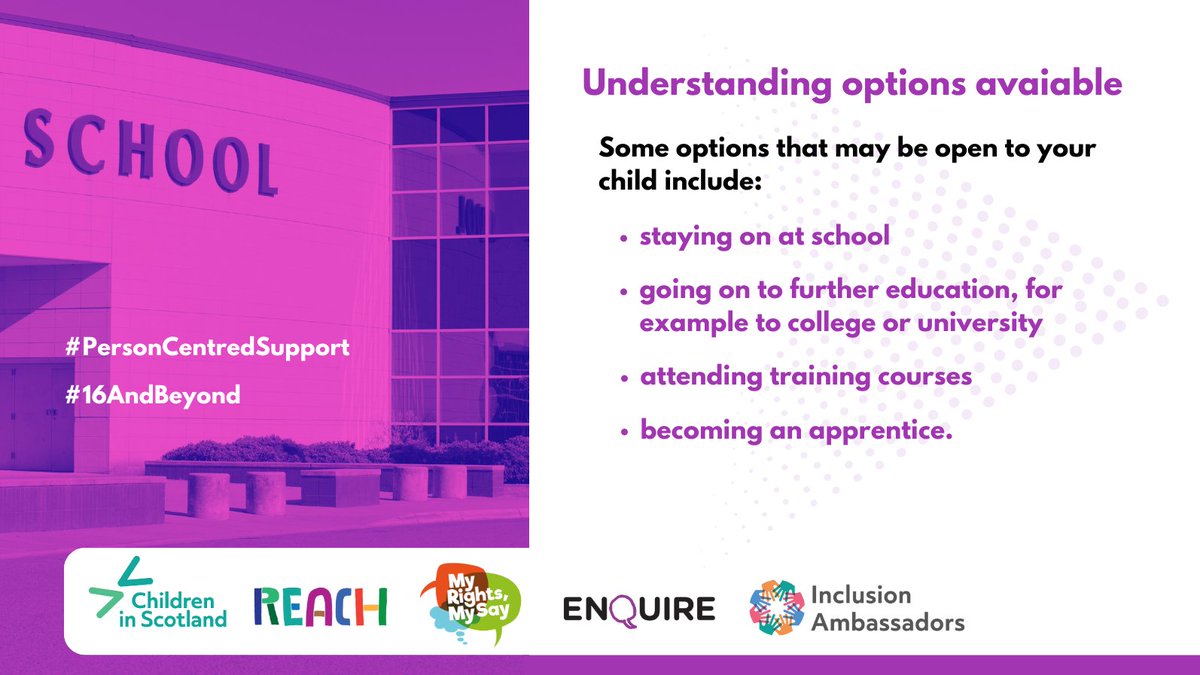 Is your child 16 or over? Our #16AndBeyond campaign highlights the right to choose your own path. Visit our website for practical advice to support learners in further education or help plan for leaving school. 

#PersonCentredSupport 

Find out more: enquire.org.uk/parents/leavin…