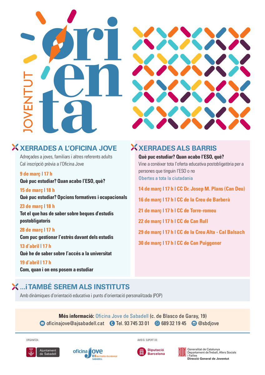 🙋‍♂ Coneixes #JoventutOrienta?

▪️ Xerrada “Què puc estudiar? Quan acabo l’ESO, què?” a diversos districtes de la ciutat 

▪️ Xerrades a l’Oficina Jove sobre l’oferta educativa postobligatòria, les beques, les proves d’accés...

▪️ I més!

🔗web.sabadell.cat/joves/

#SbdJove