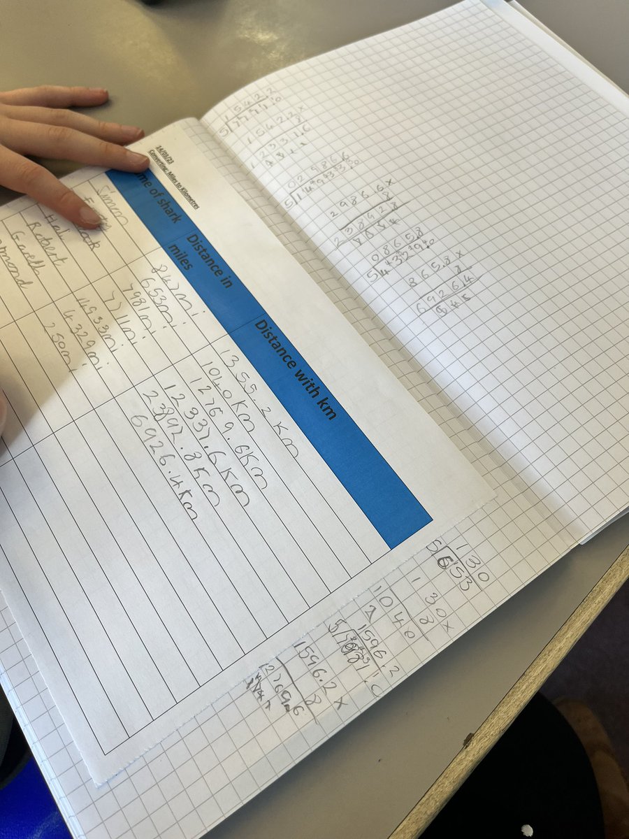 Taught my favourite maths lesson today-converting miles to km. Used numicon to see the link including writing on the table. We then used this knowledge to track and convert sharks movements.#year6 #maths