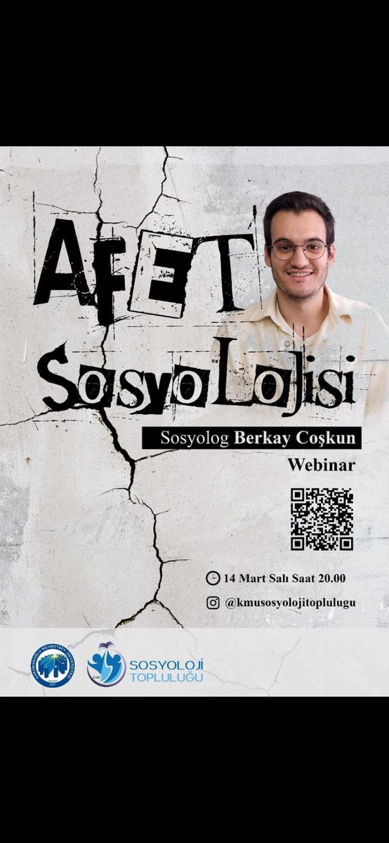 Sosyolog Berkay COŞKUN hocamızın "Afet Sosyolojisi" adlı Webinar olacaktır.  Katılımlarınızı bekliyoruz.😊
📍Tarih: 14/03/2023 (Salı günü) 
📍Saat: 20.00
📌Program Instagram canlı yayın üzerinden yapılacaktır.
   Link :instagram.com/kmusosyolojito…
@ReenkarneAdorno