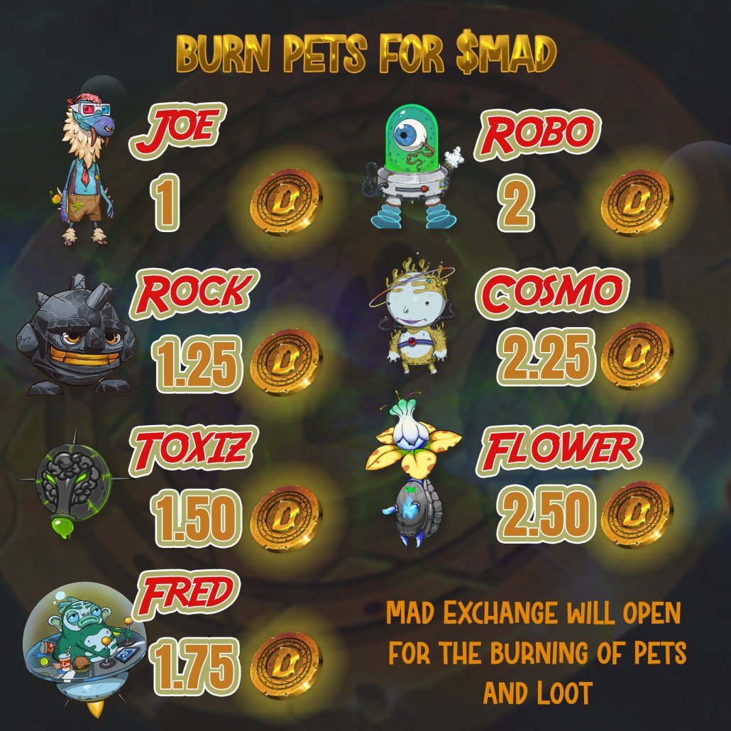 Get your Pets and Loot ready to burn for $mad tokens

The Mad Exchange is the end of their Moon Ape journey and your last chance to squeeze the final utility out of them ⚰️ 

$mad is critical in securing Moon Capsules via gameplay. They hold 3d wearables for OG &amp; Deku Avatars...
