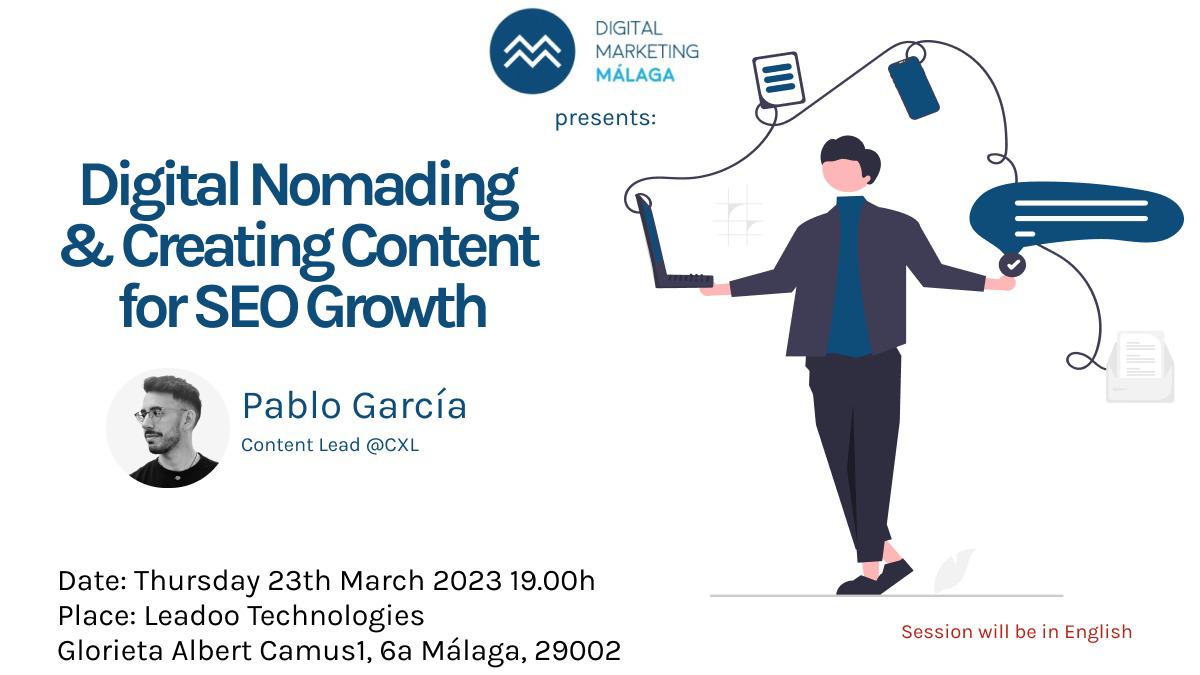 dmktmalaga's tweet photo. Yo yo yo!! 

Our next talk is Thursday, March 23rd with Pablo Garcia from #CXL 🙌🏽

He'll tell us about his experience in successfully managing #SEOGrowth while working as a #DigitalNomad

Sign up here 👉🏼  https://t.co/Bo9VaWYlPJ

 #MalagaMarketers #DigitalMarketingMalaga https://t.co/FD1fzvSs1C