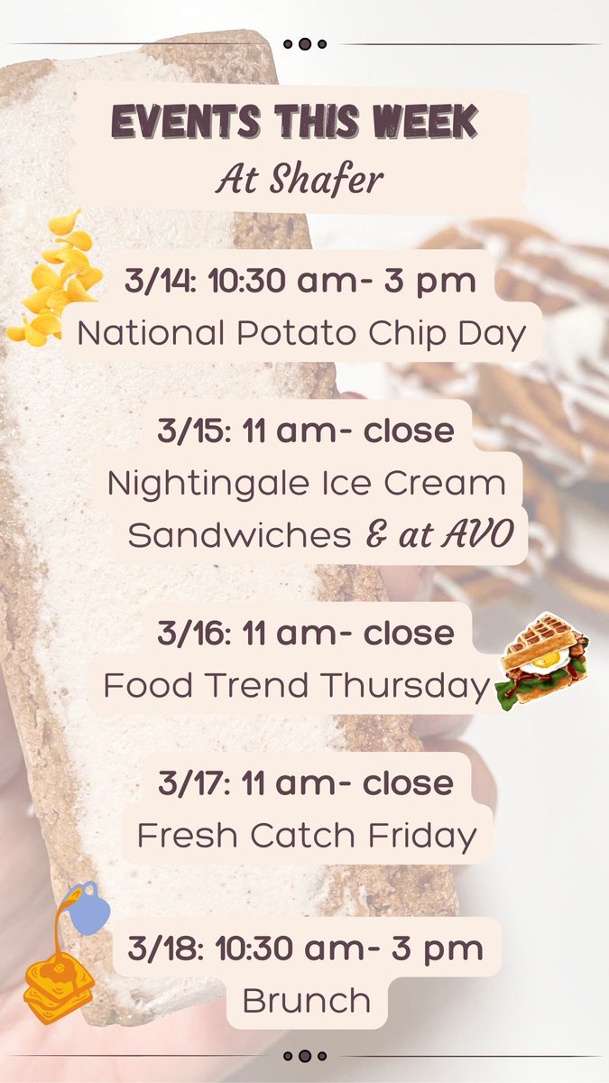 VCU_Dining's tweet photo. Check out the events at Shafer this week, including @nightingale_rva sandwiches at Shafer & AVO tomorrow, March 15! ๐จ๐ฅ
#VCU #VCURams #VCUDine #VCUDining #LetsGOVCU #VirginiaCommonwealthUniversity https://t.co/yyR8BaJLCt