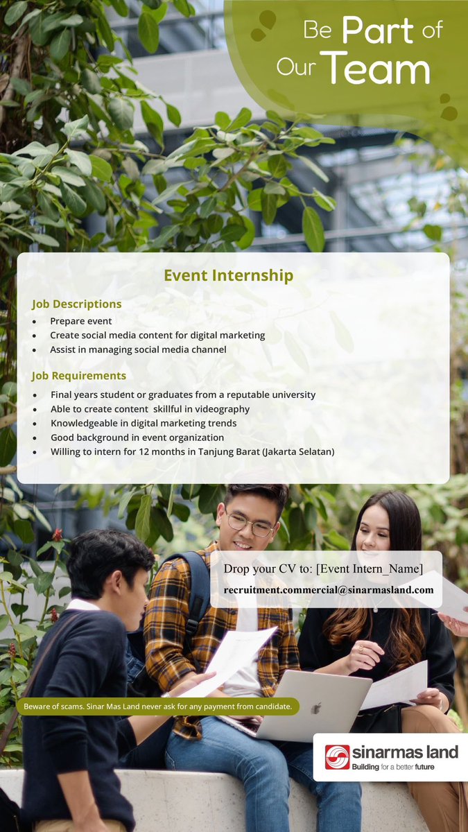 KampusUpdate's tweet photo. Kamu mahasiswa tingkat akhir? Yuk magang di Sinarmas Land!

Untuk posisi Human Capital dan Event Internship.

#KUJobs https://t.co/zCszTALtsO