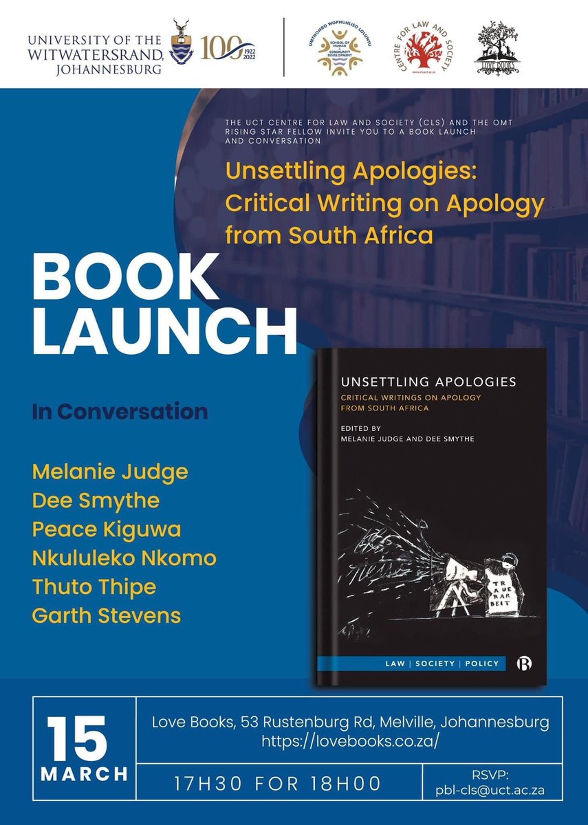 Joburg launch of #UnsettlingApologies happening tomorrow evening <a href="/LoveBooksJozi/">Love Books</a> - tackling this complicated question with <a href="/Melaniejudge/">Melanie Judge</a> <a href="/dee_smythe/">Dee Smythe</a> #ThutoThipe #PeaceKiguwa #NkululekoNkomo #GarthStevens <a href="/WitsUniversity/">Wits University</a> <a href="/UCT_news/">UCT</a>