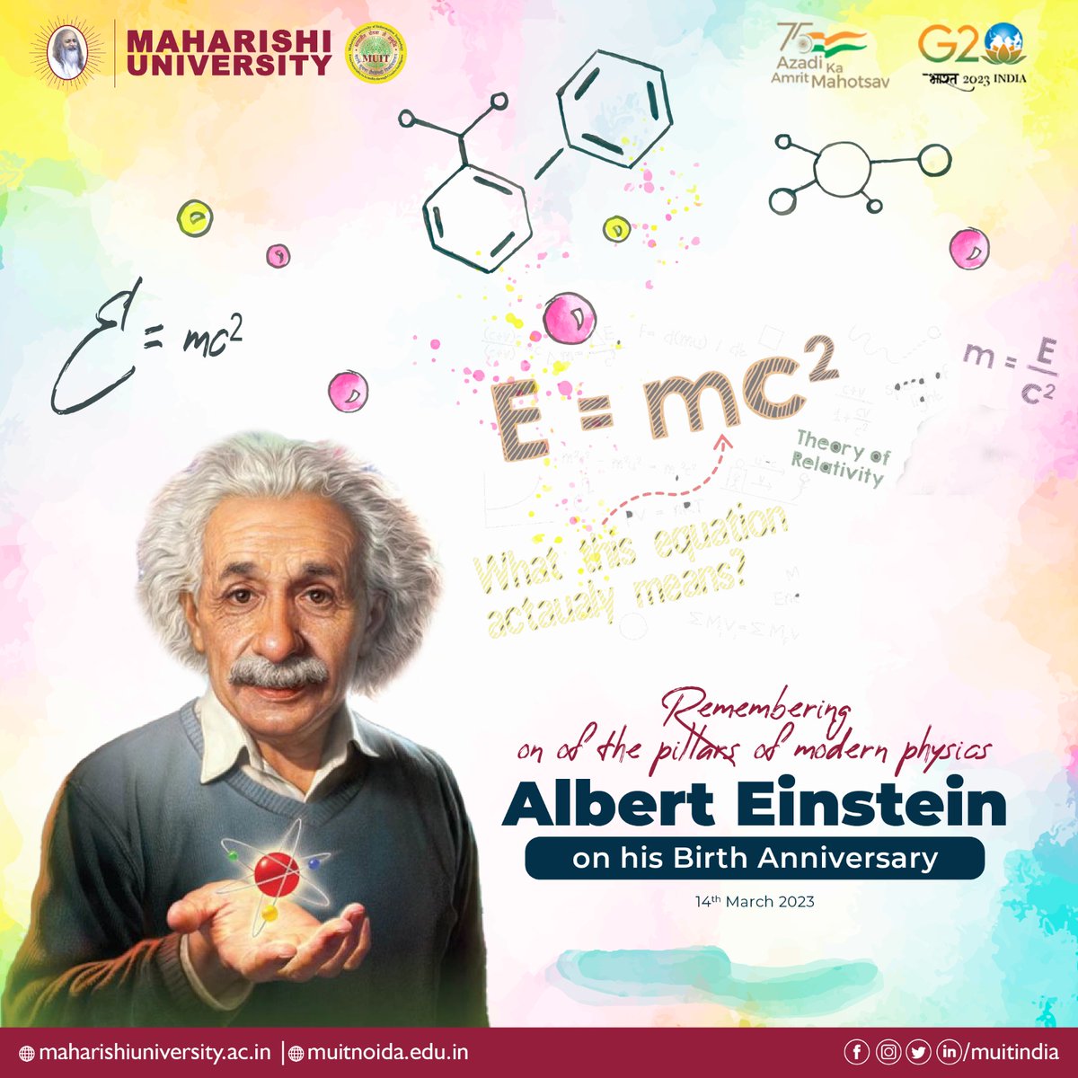 muitindia's tweet photo. Maharishi University remembers the genius and the greatest physicist of all time, Sir Albert Einstein, on his 144th birth anniversary for his immense contribution to the world of science.
#AlbertEinstein #Einstein #HappyBirthdayEinstein #MaharishiUniversity #MuitIndia https://t.co/b9eSRjIYZn