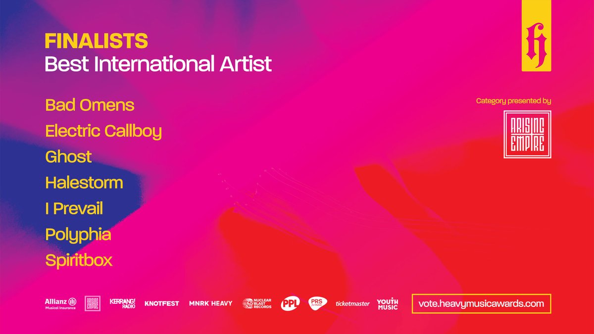 heavymusicawds's tweet photo. #HMA23 FINALISTS: BEST INTERNATIONAL ARTIST
Presented by @Arising_Empire 

@badomenscult 
@ElectricCallboy 
@thebandGHOST 
@Halestorm 
@IPrevailBand 
@polyphia 
@spiritboxband 

https://t.co/pjHTDM6rz6 https://t.co/GiakEdNi17