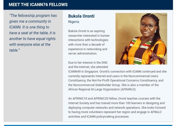bukkiewole's tweet photo. It's an honour to be the face of @ICANN #Fellowship on second day issue of the #ICANN76 newsletter and the recipient of Tarek Kamel Fellowship Award.
#AtLarge76 #AFRALO #APRALO #EURALO #LACRALO #NARALO https://t.co/wWKigTzHVq