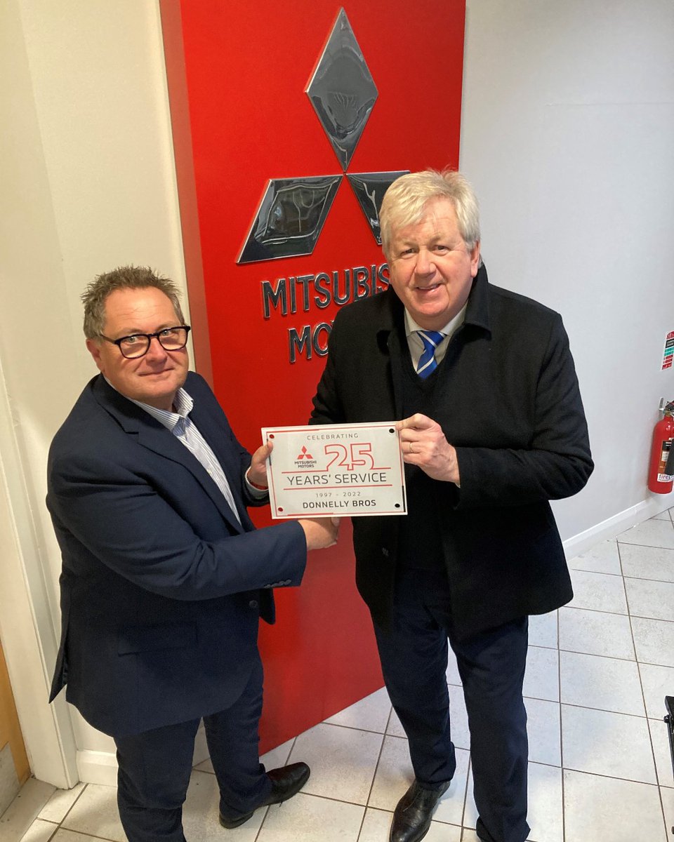 Huge congratulations to Donnelly Group for 25 years of service at their Dungannon location! Here is one of our Area Managers, Trevor Schindler photographed with their Director, Raymond Donnelly. #Mitsubishi #MitsubishiMotors #MitsubishiMotorsUK