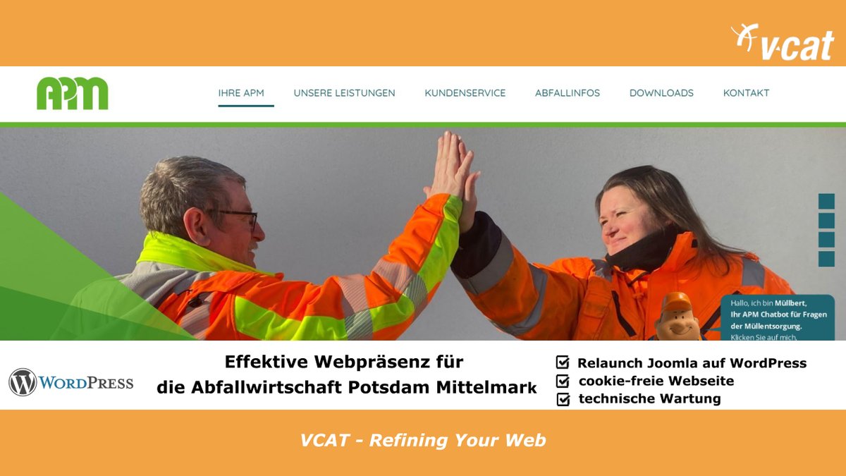 VCATconsulting's tweet image. Cookiefreie Zone! Für die Abfallwirtschaft Potsdam-Mittelmark haben wir eine moderne #Webseite entwickelt, ohne das Nutzerdaten gesammelt werden. Das Design wurde durch unser Team #WordPress umgesetzt: vcat.de/aktuelles-zu-t… #RefiningYourWeb #ITinPotsdam #APM #Webseite #Relaunch