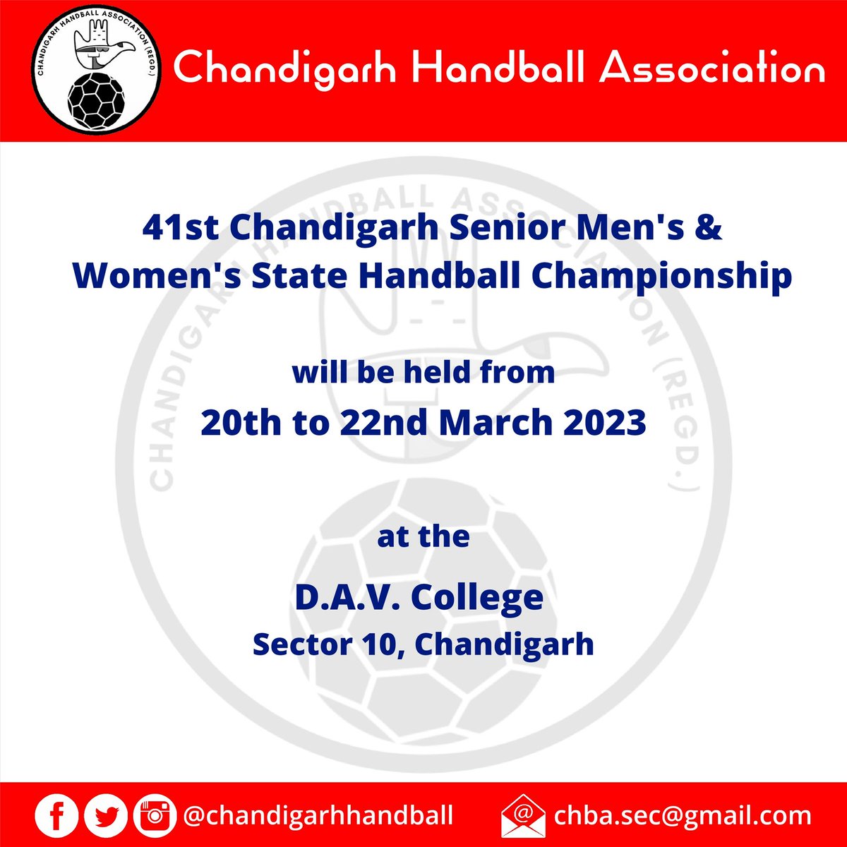 CDGhandball's tweet photo. 41st Chandigarh Senior Men's &amp; Women's State Handball Championship (20 – 22 March 2023) at D.A.V. College, Sector 10, Chandigarh. https://t.co/fs8HqYRmA0