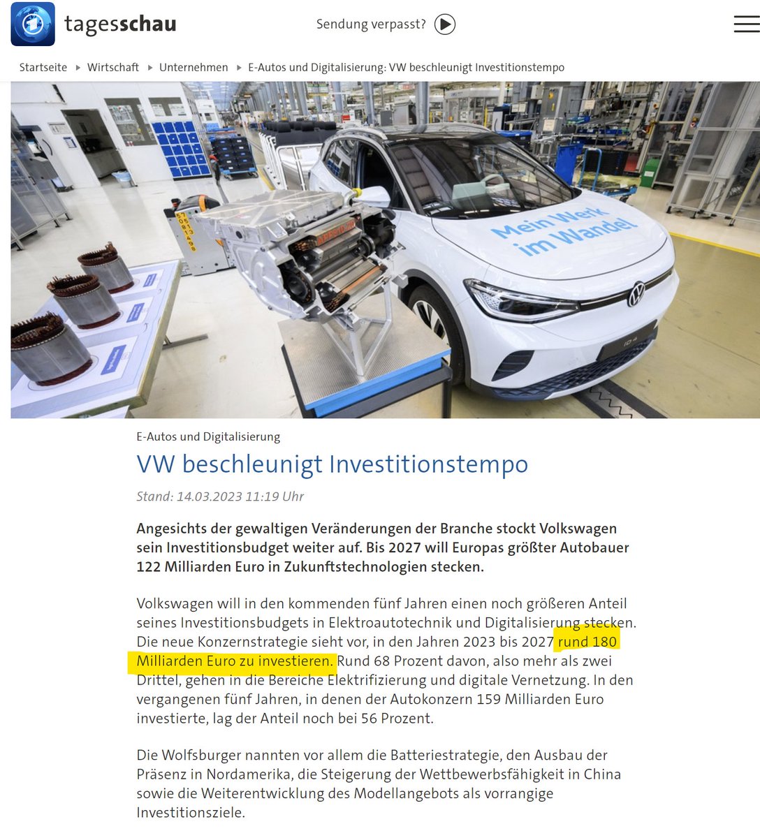 Von wegen mit den Grünen bricht die Wirtschaft ein. Alleine VW hat Bestellungen im Umfang von 180 Mrd. € bei Maschinenbauunternehmen und anderen Firmen ausgelöst. 

Die Umstellung ist ein Boom für die Wirtschaft. 

tagesschau.de/wirtschaft/unt…