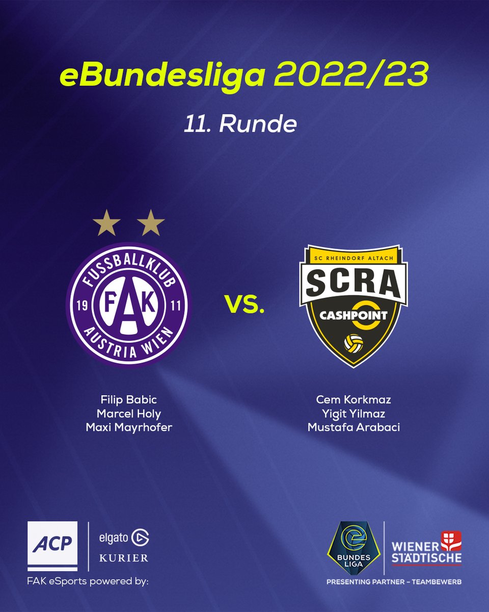 🎮 Die Teilung steht an 🔥

<a href="/Juno16x/">Marcel</a>, <a href="/FAK_Maxi/">Maxi</a> &amp; <a href="/FIFAFICO/">FIFAFico</a> wollen sich gegen Tabellenführer <a href="/SCRAltach/">SCR Altach</a> eine gute Ausgangslage für das große <a href="/eBundesliga_at/">eBundesliga</a>-Finale erspielen.
Gemma, <a href="/FAK_eSports/">Austria Wien eSports</a>! 🙌💜

💻 Alle Highlights ab 18:30 Uhr bei <a href="/LAOLA1_at/">LAOLA1</a>

#faklive #FAK #eBundesliga