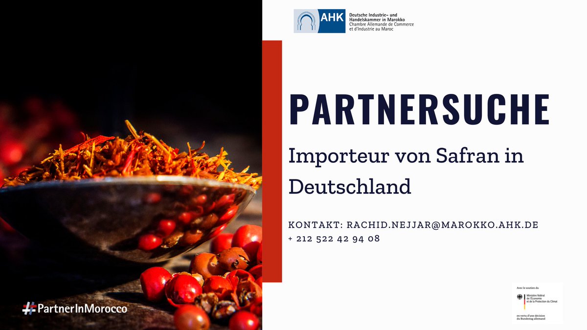 AhkMarokko's tweet photo. 🧧 [AHK News] #Partner gesucht: #Import von #Safran

Die Deutsche Industrie- und Handelskammer in Marokko sucht für ihren #marokkanischen #Kunden einen #Importeur von #Safran in #Deutschland.

- Per E-Mail: Rachid.Nejjar@marokko.ahk.de
- Per Tel: +212 (522) 42 94 08 https://t.co/CrmNwec42v