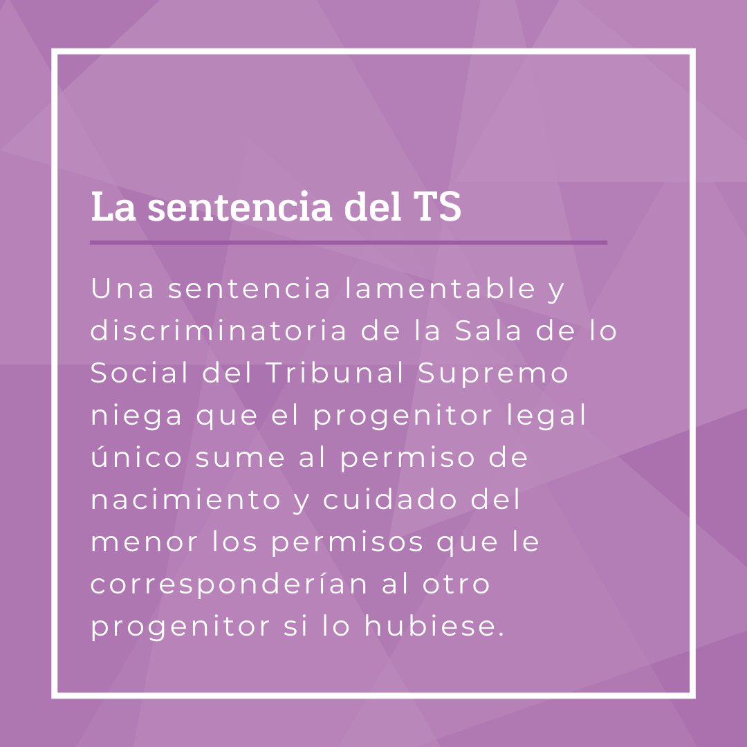 mujeresjuezas's tweet photo. Desde #AMJE nos hacemos eco de la lamentable sentencia de la Sala de lo Social del #TribunalSupremo que niega el derecho de acumulación de permisos por cuidados de hijos/as en #familiasmonoparentales.👩‍👧‍👦

#mujeresjuezas #LasJuezasSíElRestoNo #JusticiaSinIgualdad #IgualdadReal https://t.co/4p57vBL2zC