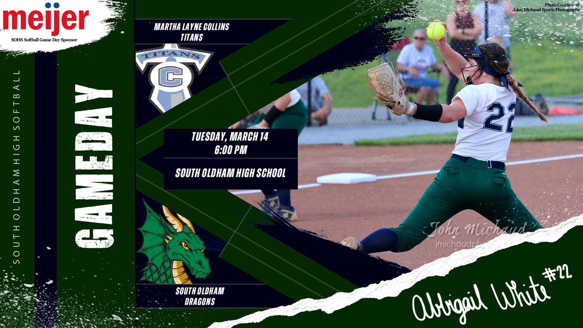 🆚 Martha Layne Collins
📍 South Oldham High School
⏰ 6:00pm Varsity | 7:30pm JV
💵 $7 Online | $8 Gate
bit.ly/CollinsvsSO
🤝 South Oldham Game Day Sponsor: <a href="/meijer/">Meijer</a>
<a href="/SOHSDragons/">South Oldham Dragons</a> <a href="/MLCHS_Softball/">Collins Titans Softball🥎</a>
 
#GoSouth 🥎⭐️🐉