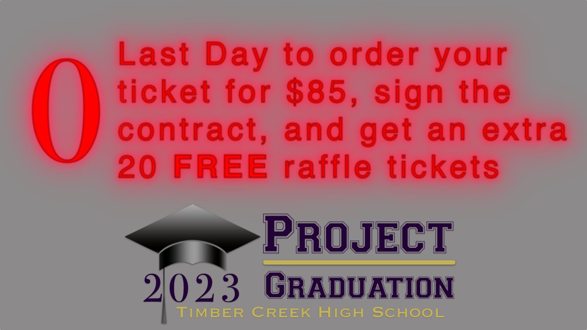 Last Day! Prices tmrrw. Buy and sign today, &amp; get 20 🆓🎟️s! 
project-graduation-2.square.site/product/ticket…
<a href="/TCHSBandOrch/">TCHS Band&Orchestra</a>
<a href="/TCHS_cg/">Timber Creek CG</a>
<a href="/TCHSFootball/">TCHS Falcon Football</a>
<a href="/TCHS_WAthletics/">TC Women’s Athletics</a>
<a href="/TCHSSportsNet/">Timber Creek Sports</a>
<a href="/TC_Cheer_/">Timber Creek Cheer</a>
<a href="/TCHSFalconChoir/">Timber Creek Choirs</a>
<a href="/TCHoopS/">Timber Creek Boys Basketball</a>
<a href="/TCGBB/">Timber Creek Lady Falcons</a>
<a href="/TCHSSoccerBoys/">Timber Creek HS Boys Soccer</a>
<a href="/TCHS_WSOCCER/">TCWS</a>
<a href="/TimberCreekSB/">Timber Creek Softball</a>
<a href="/tchstennis/">Timber Creek Tennis</a>
<a href="/TCHS_XC/">TCHS XC</a>
<a href="/TCHSWrestling/">TCHS Wrestling</a>