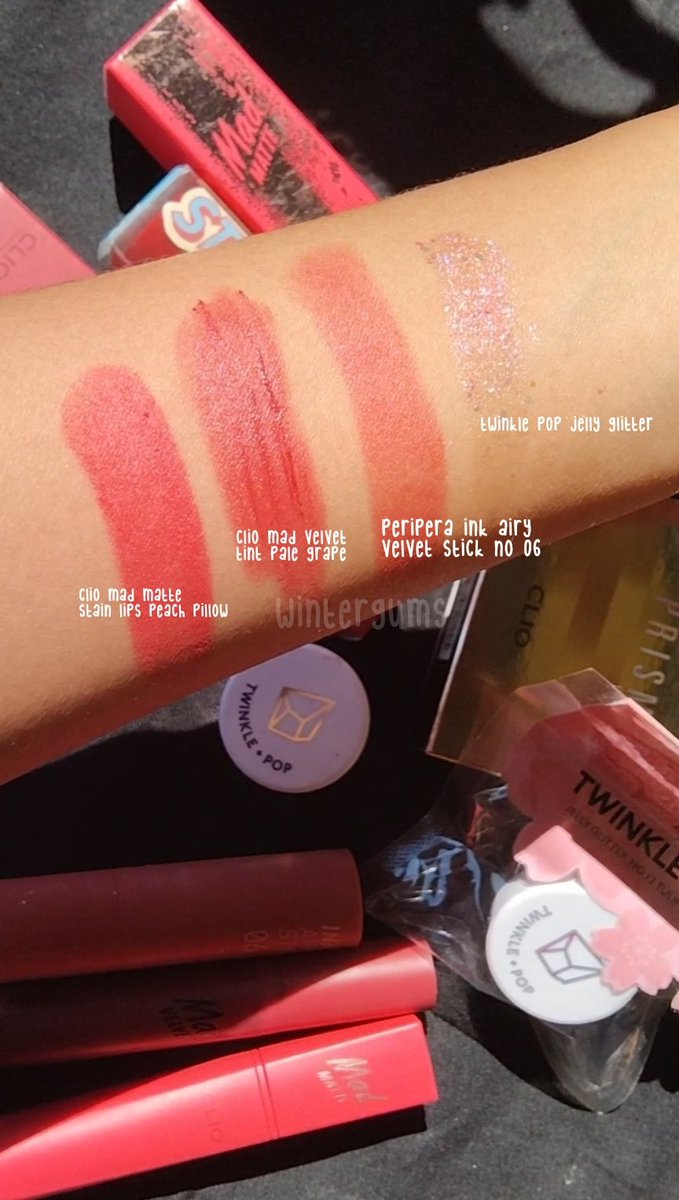wintergums's tweet photo. help rt 🌷 wts korean brand make up Clio

• clio prism highlighter 02 fairy pink 200k
• twinkle pop jelly glitter (12 tulip banzzak) 20k 
• clio mad matte stain lips peach pillow 100k
• clio mad velvet tint pale grape 130k
• peripera ink airy velvet stick 06 daily rose : 70k https://t.co/vhpxHp5dxK