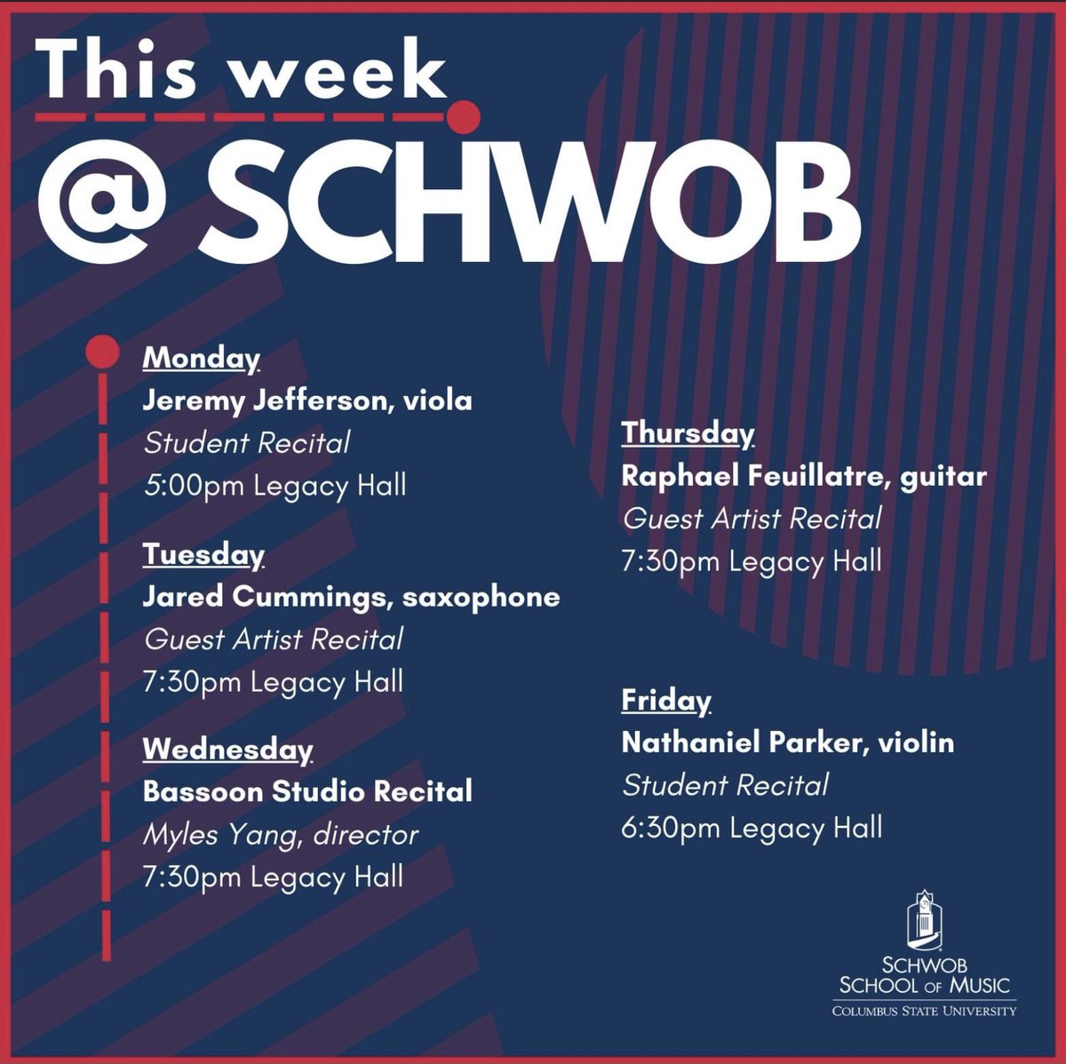 Admissions_CSU's tweet photo. Here’s what’s happening at Schwob School of Music this week! 👀 https://t.co/0KUTxcloHf