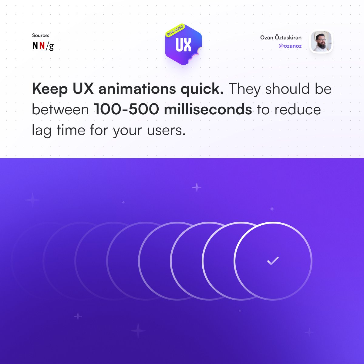 ozanoz's tweet photo. Keep UX animations quick. They should be between 100-500 milliseconds to reduce lag time for your users.

#BiteSizedUX #Animation #ProductDesign https://t.co/lyaIuff9Fo