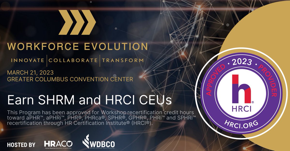 Earn HRCI and SHRM CEUs at Workforce Evolution! CEUs are available for 13 sessions, providing attendees tools to enhance goals in talent attraction, training, and development.

Tickets: wdbco.org/projects-speci… 

Workforce Evolution hosts: @OfficialHRACO &amp; <a href="/WDBCentralOhio/">WDBCentralOhio</a> .