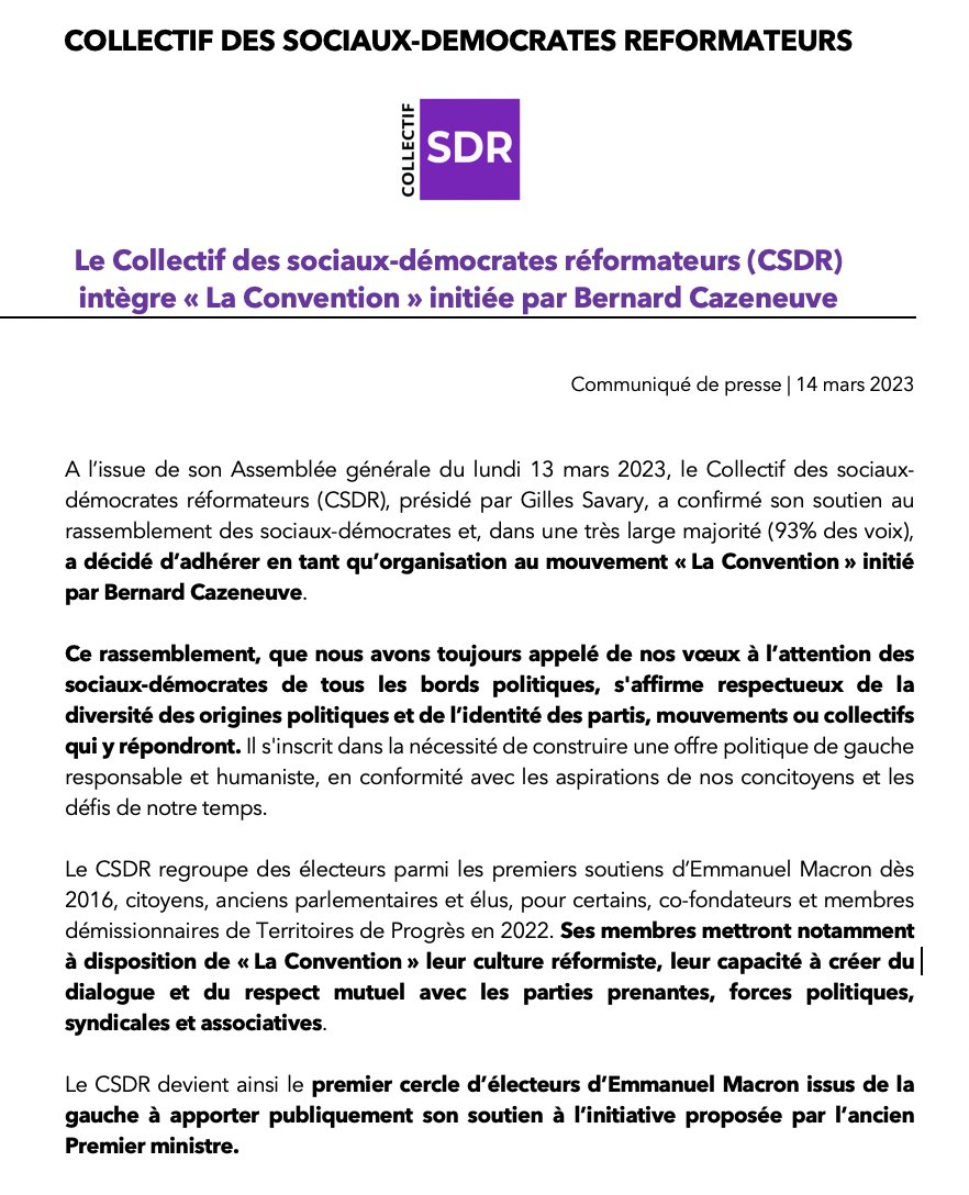Collectif Sociaux-Démocrates Réformateurs | CSDR (@sociauxdem) on Twitter photo COMMUNIQUÉ | Après un vote hier en Assemblée générale, le Collectif des sociaux-démocrates réformateurs, présidé par <a href="/GilleSavary/">Gilles Savary</a>, intègre #LaConvention de <a href="/BCazeneuve/">Bernard Cazeneuve</a>.
1er cercle d'électeurs d'E. Macron issus de la gauche à apporter son soutien à la démarche de l'ancien PM. COMMUNIQUÉ | Après un vote hier en Assemblée générale, le Collectif des sociaux-démocrates réformateurs, présidé par <a href="/GilleSavary/">Gilles Savary</a>, intègre #LaConvention de <a href="/BCazeneuve/">Bernard Cazeneuve</a>.
1er cercle d'électeurs d'E. Macron issus de la gauche à apporter son soutien à la démarche de l'ancien PM.